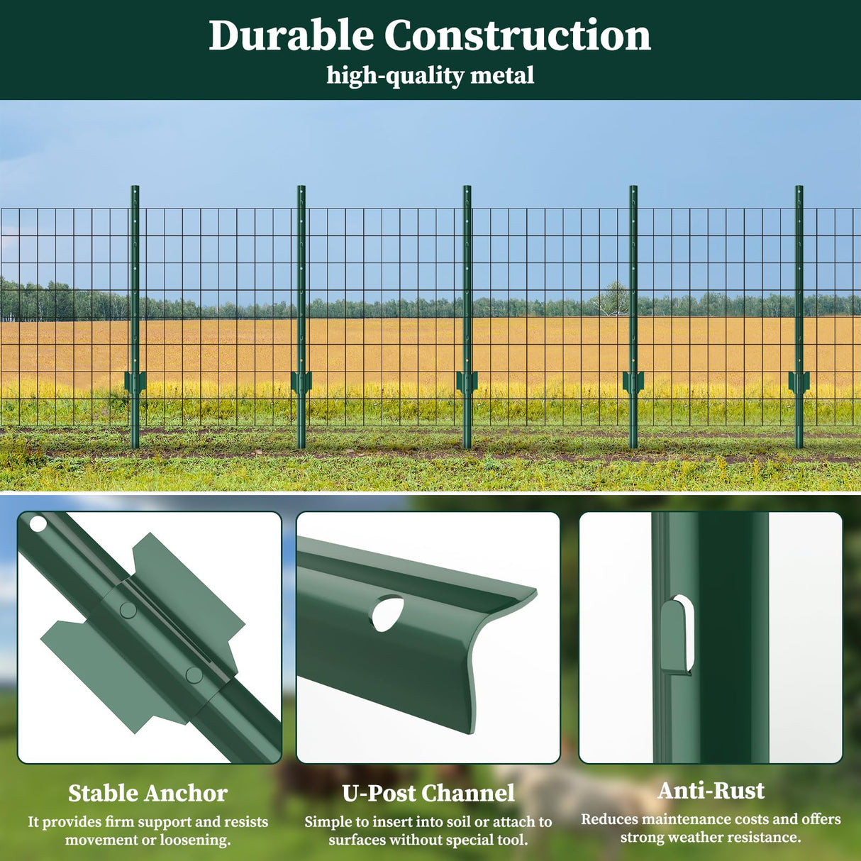 10 Pack Garden Fence Post, 5 Feet Heavy Duty Metal U-Post for Wire Fence, No Dig Garden Fence Stakes for Temporary Fencing, Electric Fence Wire, Corner Anchor, and More-Green MIWEVRO