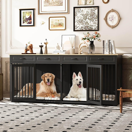 Timechee Extra Large Dog Crate, 86.6" Heavy Duty Wooden Dog Cage Furniture Dog Crate Kennel with Drawers & Removable Divider,Indoor Luxury Dog House with Double Rooms for XL L Breed Dogs, Black Timechee