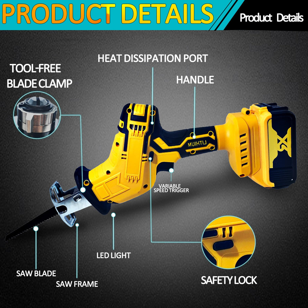 Reciprocating Saw Compatible with DeWalt 20V Battery, Brushless Power Cordless Recipro Saw, 0-3500SPM Variable Speed, Tool-free Blade Change, 4 Saw Blades Kit for Wood/Metal/PVC Cutting, Tool Only byczone
