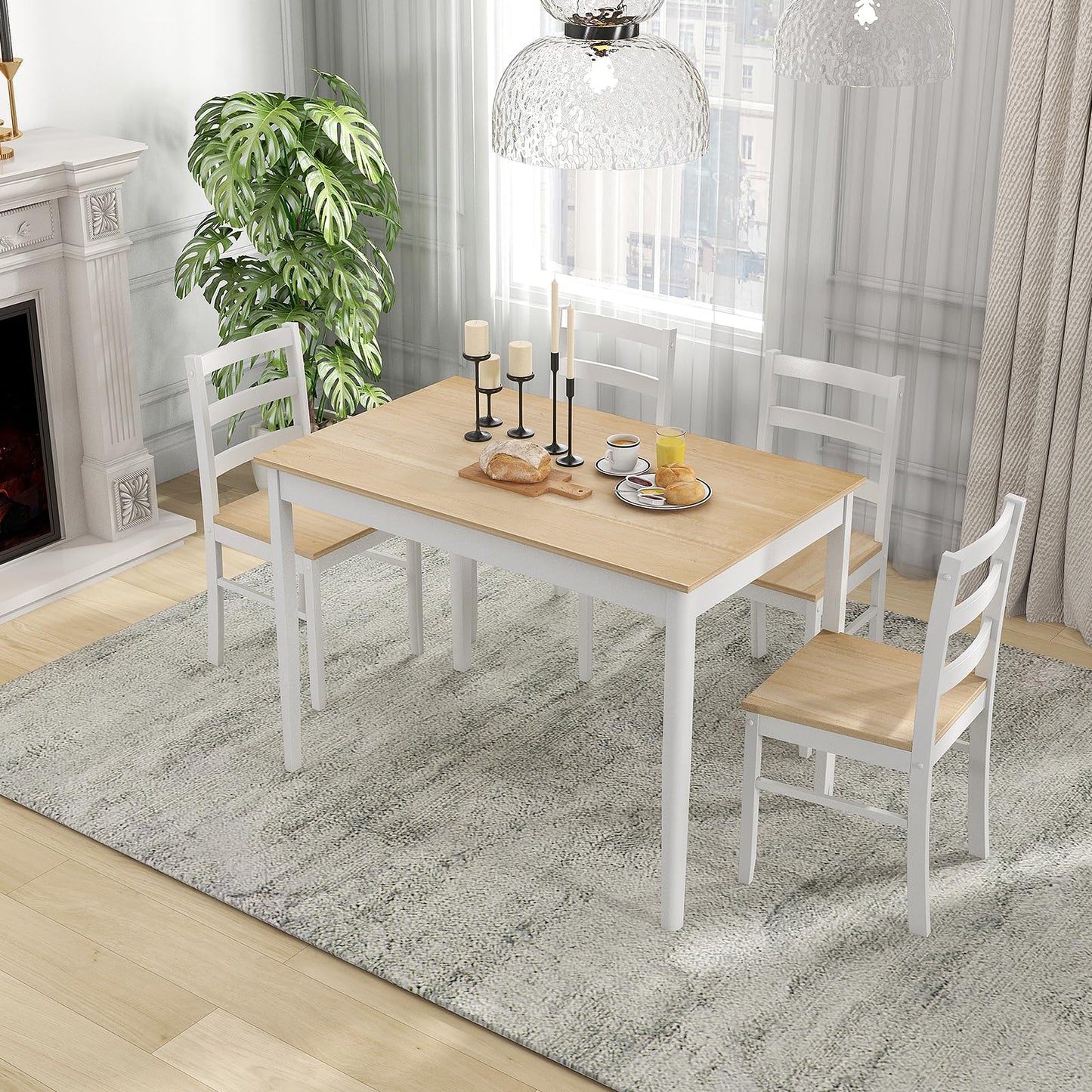 Tangkula Dining Table Set for 4, Solid Wood, Farmhouse Dinette Set w/Rubber Wood Legs, Modern Dining Table and Chairs Set for Kitchen, Dining Room (Natural+White) - WoodArtSupply