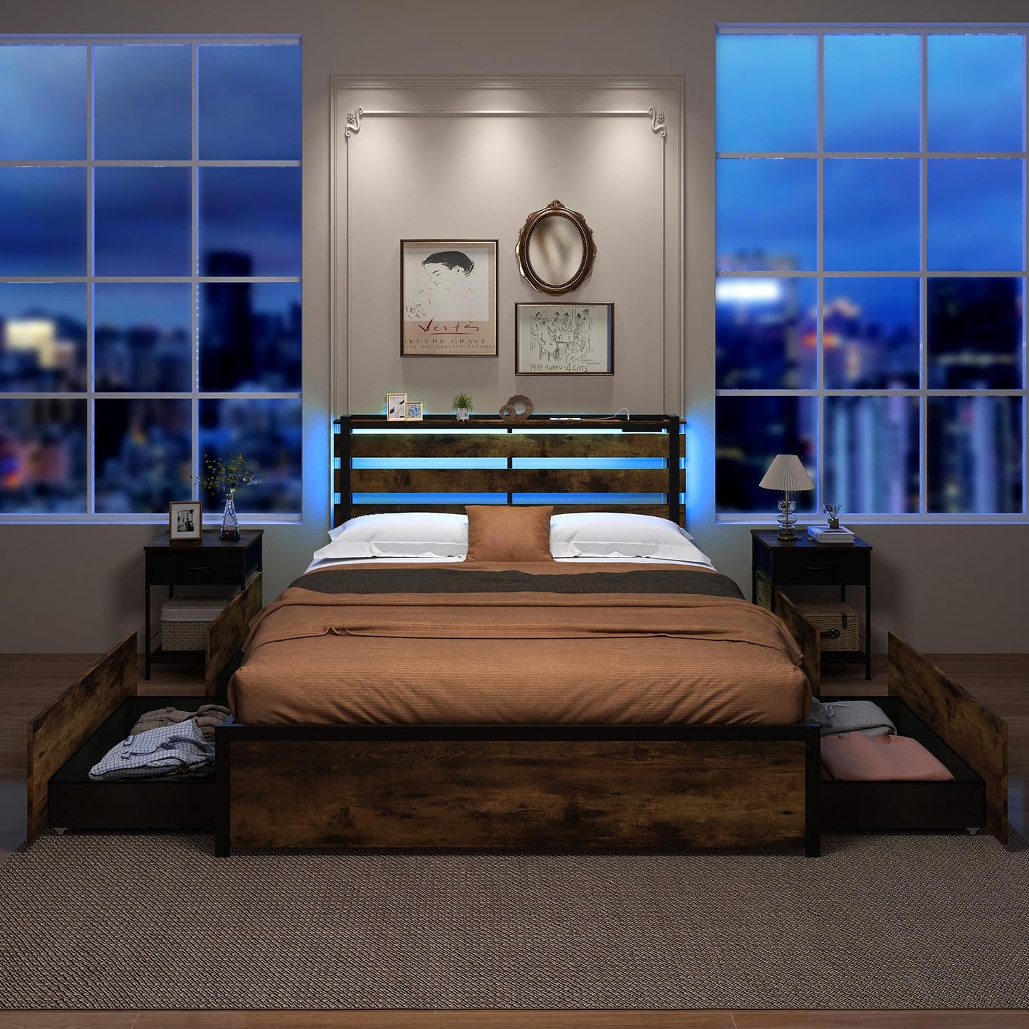 Giantex Queen Bed Frame with LED Headboard, USB Ports, and Storage Drawers - WoodArtSupply