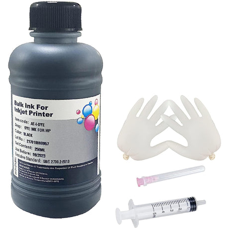 AYMSous Black Ink Refill Ink Kit Dye Ink 250ml for HP Inkjet Printers Refillable Cartridge CISS CIS System (9 oz) with Syringe & Glove AYMSous