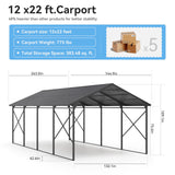 Kurapika 12x22 FT Metal Carport with Reinforced Base Outdoor Heavy Duty Car Port with Galvanized Steel Roof, Garage Car Shelter, Multi-Purpose Carports for Car, Truck and Boats Kurapika