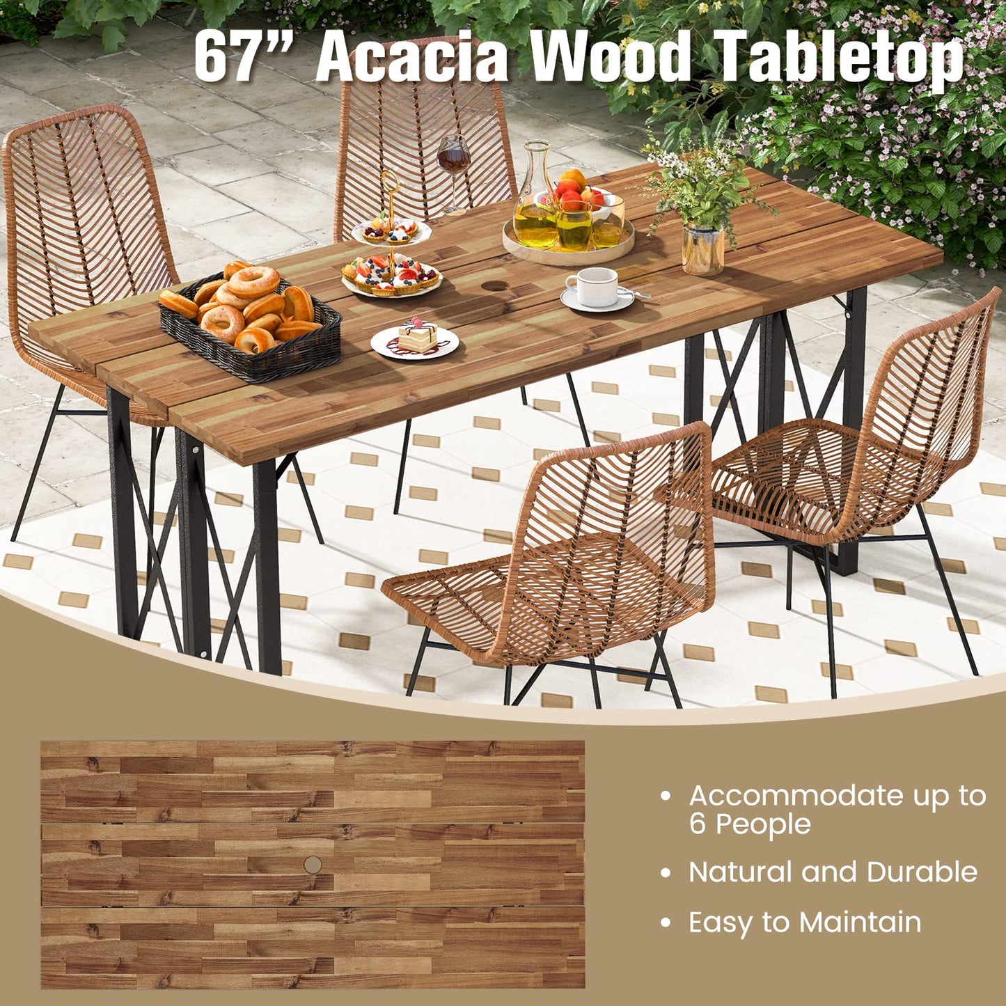 Tangkula 67 Inch Outdoor Dining Table, Acacia Wood Patio Table with 2 Inch Umbrella Hole, Heavy-Duty Metal Frame, Indoor Outdoor Picnic Table for 6 - WoodArtSupply