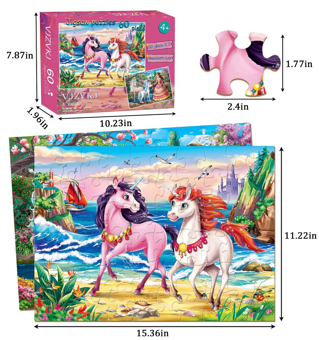 Puzzles for Kids Ages 4-6 – 2 x 60 Pieces Princess Unicorn Jigsaw Puzzles for Toddler Children Learning Educational Puzzles Toys for Girls 4 5 6 7 8 Years Old. VJZVKJ