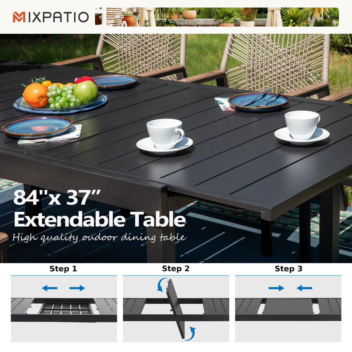 MIXPATIO 9 Pieces Outdoor Dining Set for 8, Patio Dining Set Wicker Rattan Chairs with Soft Cushion and Extendable Rectangular Table, Wicker Patio Table and Chairs for Backyard Porch MIXPATIO