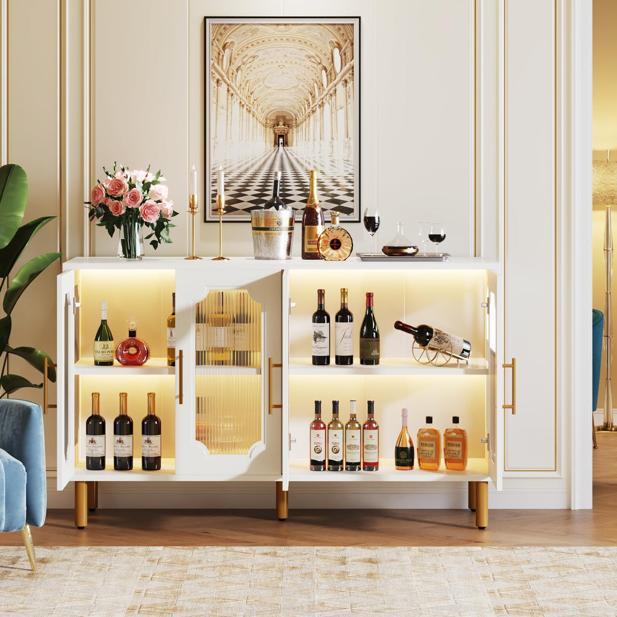 Tribesigns 55" Accent Cabinet with 4 Doors and Shelves, Modern Credenza Storage Cabinet with Acrylic Glass Doors, White Display Cabinet for Living Room, Bedroom, Kitchen, Dining Room, Hallway Tribesigns