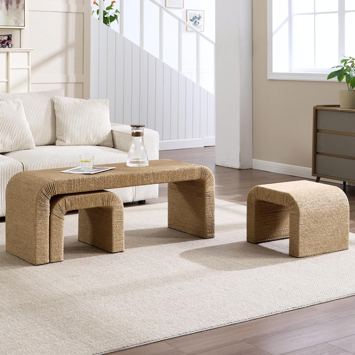 DM Furniture 3-Piece Nesting Woven Rope Coffee Table Set, 47" Modern Farmhouse Waterfall Wood Center Table with 2 Stools Underneath, Boho Coastal Living Room Accent Side End Table, Brown DM Furniture