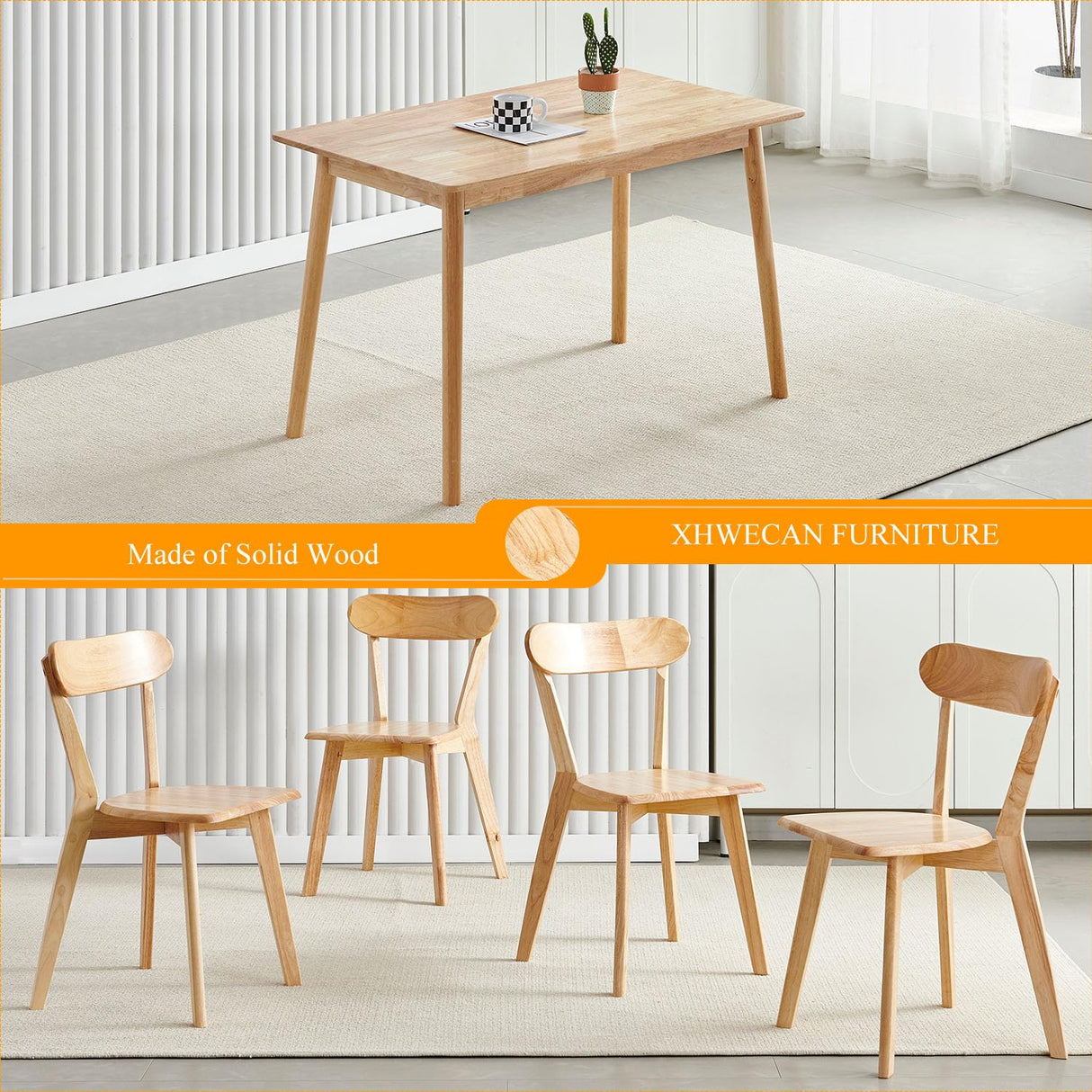 XHWECAN 5-Piece Wooden Dining Table and Chairs Set for 4, 47" Modern Solid Wood Table with 4 Louis Chairs for Dining Room, Kitchen, Small Space XHWECAN