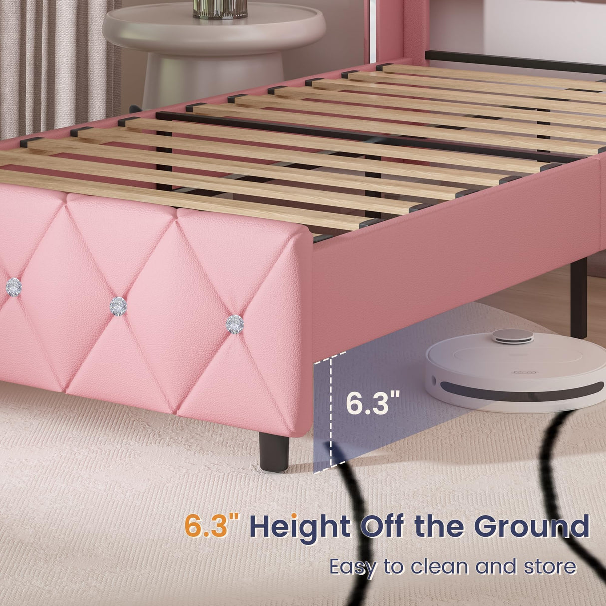 HOMBCK Twin Bed Frame, Upholstered Bed Frame with Diamond Tufted Headboard, Twin Bed Frames for Girls, Cute Princess Bed, Faux Leather, Wooden Slats Support, No Box Spring Needed, Pink HOMBCK