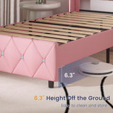 HOMBCK Twin Bed Frame, Upholstered Bed Frame with Diamond Tufted Headboard, Twin Bed Frames for Girls, Cute Princess Bed, Faux Leather, Wooden Slats Support, No Box Spring Needed, Pink HOMBCK