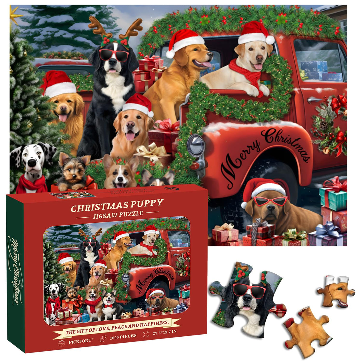 PICKFORU Christmas Dog Puzzles for Adults 1000 Pieces, Difficult Christmas Scene Animal Puzzle, Funny Puppy Jigsaw Puzzle as Home Wall Art Decor PICKFORU