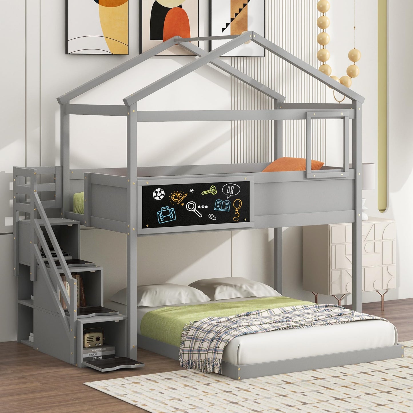 Harper & Bright Designs House Bunk Bed with Stairs,Twin Over Full Bunk Beds with Blackboard,Wood Kids Floor Bunk Bed Frame with Storage Shelves,Space-Saving Design, Gray