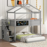 Harper & Bright Designs House Bunk Bed with Stairs,Twin Over Full Bunk Beds with Blackboard,Wood Kids Floor Bunk Bed Frame with Storage Shelves,Space-Saving Design, Gray Harper & Bright Designs