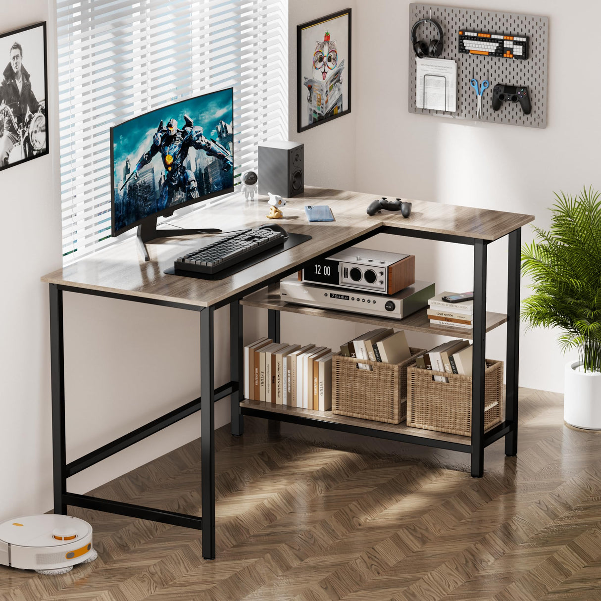 WOODYNLUX L Shaped Computer Desk - 43 Inch Home Office Desk with Shelf, Gaming Desk Corner Table for Work, Writing and Study, Space-Saving, Gray WOODYNLUX