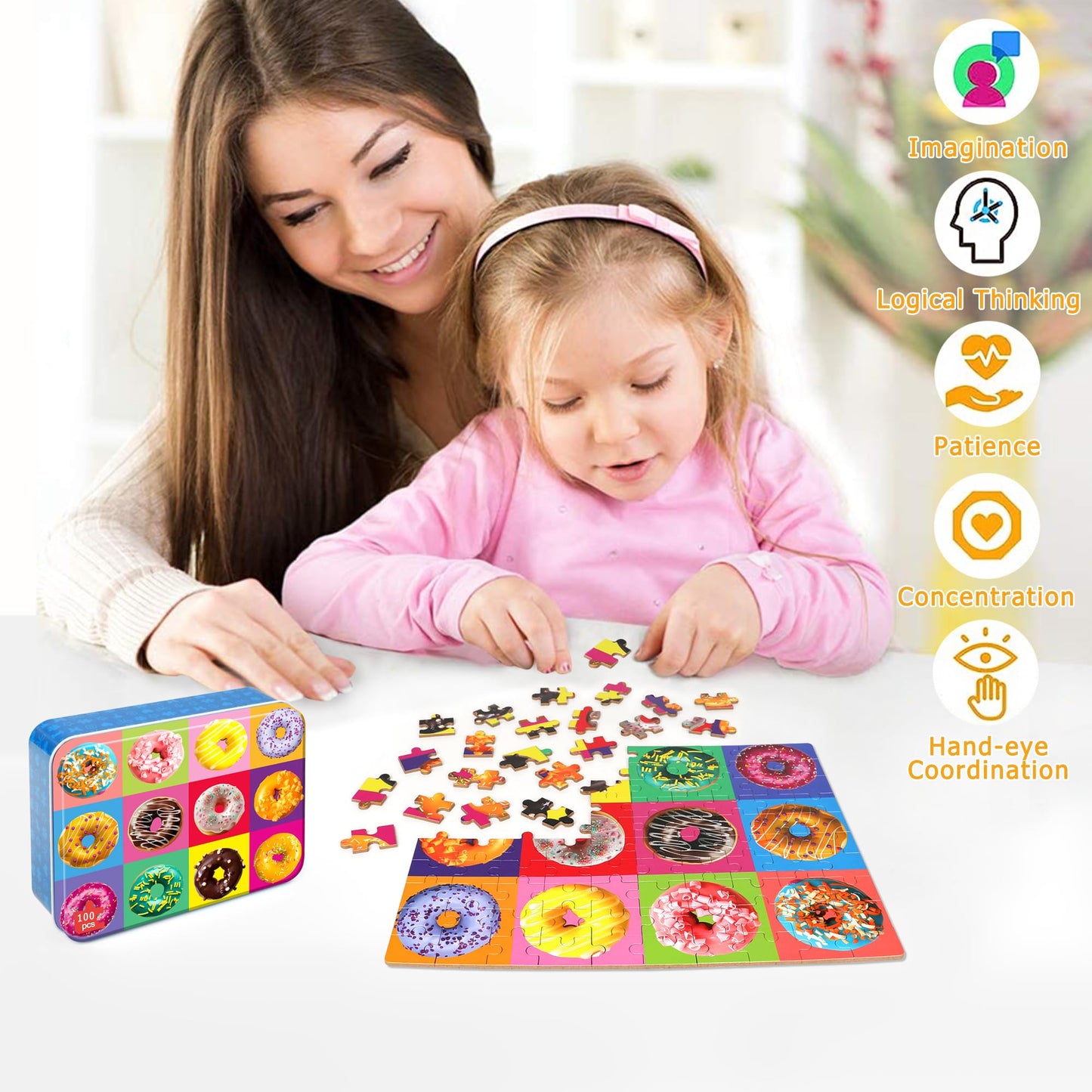 LELEMON Puzzles for Kids Ages 4-6,Donut Puzzle 100 Piece Puzzles for Kids in a Metal Box, Educational Kids Puzzles Jigsaw Puzzles 100 Piece Puzzle Games Puzzle Toys for Girls and Boys