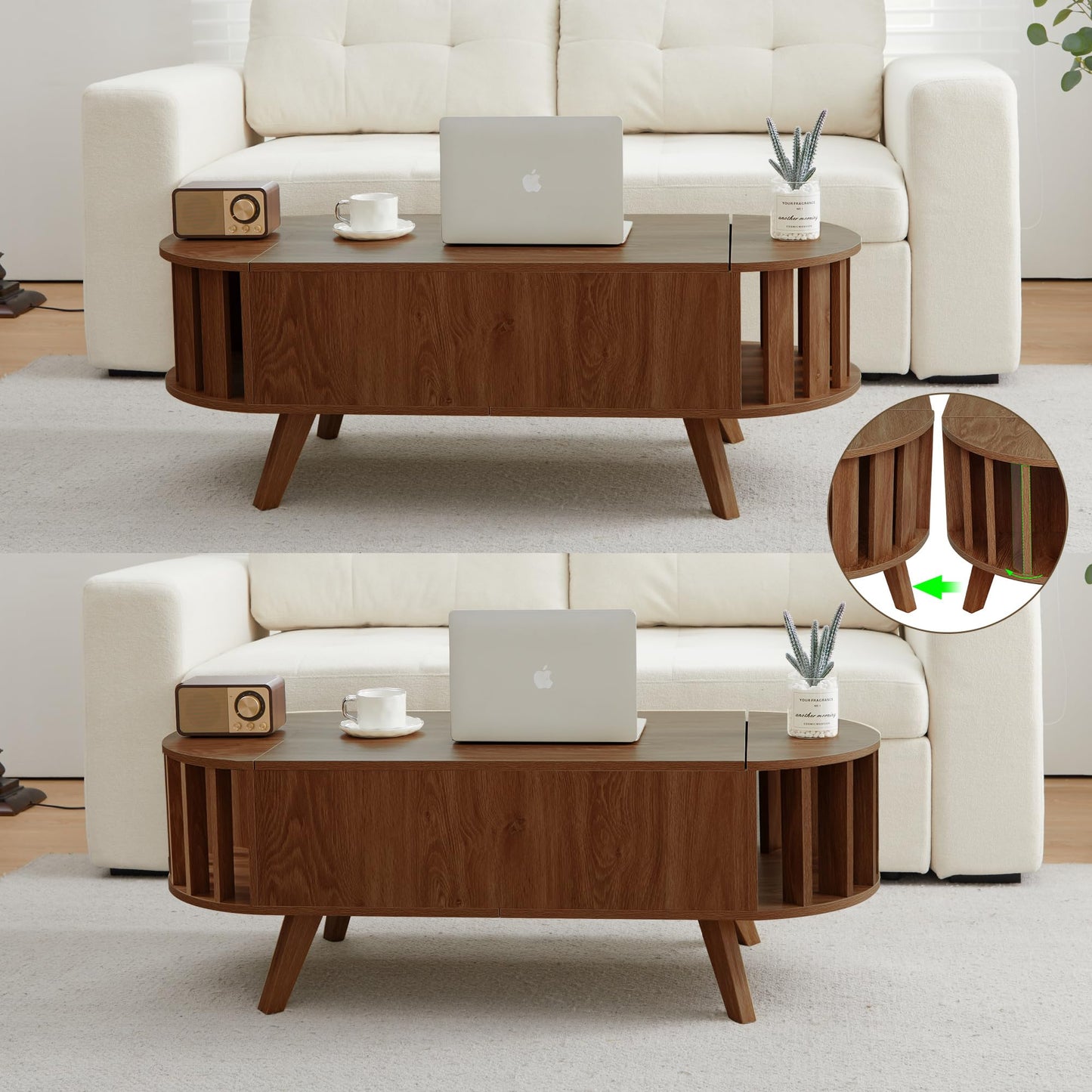 Wood Lift Top Coffee Table with Hidden Storage, 47.24" Oval Lift Table Top Curved Profile Design Low Tea Table for Living Room, Office(Walnut)