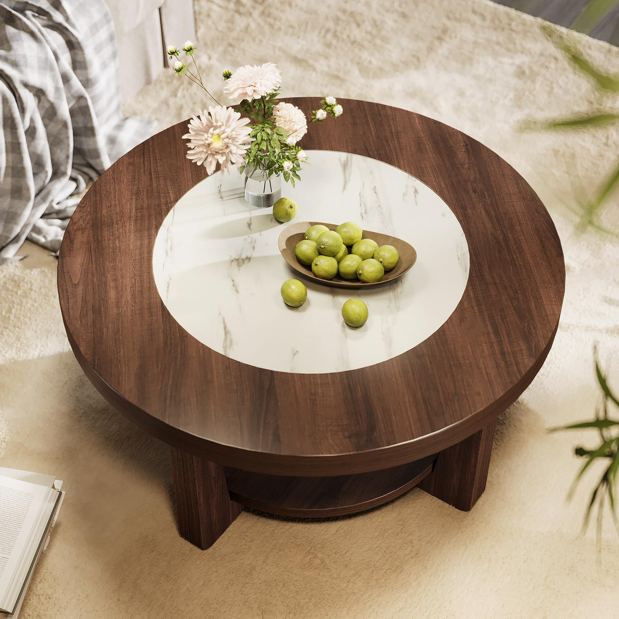 LITTLE TREE Modern Round Coffee Table, 2-Tier Wood Coffee Table with Storage, Marble-Like Tabletop for Living Room, Simple & Modern Center Table for Small Space, Brown LITTLE TREE