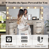 AMERLIFE 55.1" W Makeup Vanity with Hollywood Mirror, Glass Top Vanity with 5 Drawers & Adjustable Cabinet & Charging Station, 10 Detachable Light Bulbs, Bedroom/Salons, Light Oak AMERLIFE