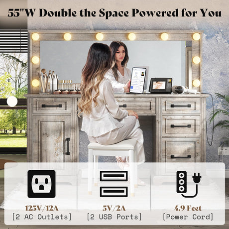 AMERLIFE 55.1" W Makeup Vanity with Hollywood Mirror, Glass Top Vanity with 5 Drawers & Adjustable Cabinet & Charging Station, 10 Detachable Light Bulbs, Bedroom/Salons, Light Oak AMERLIFE