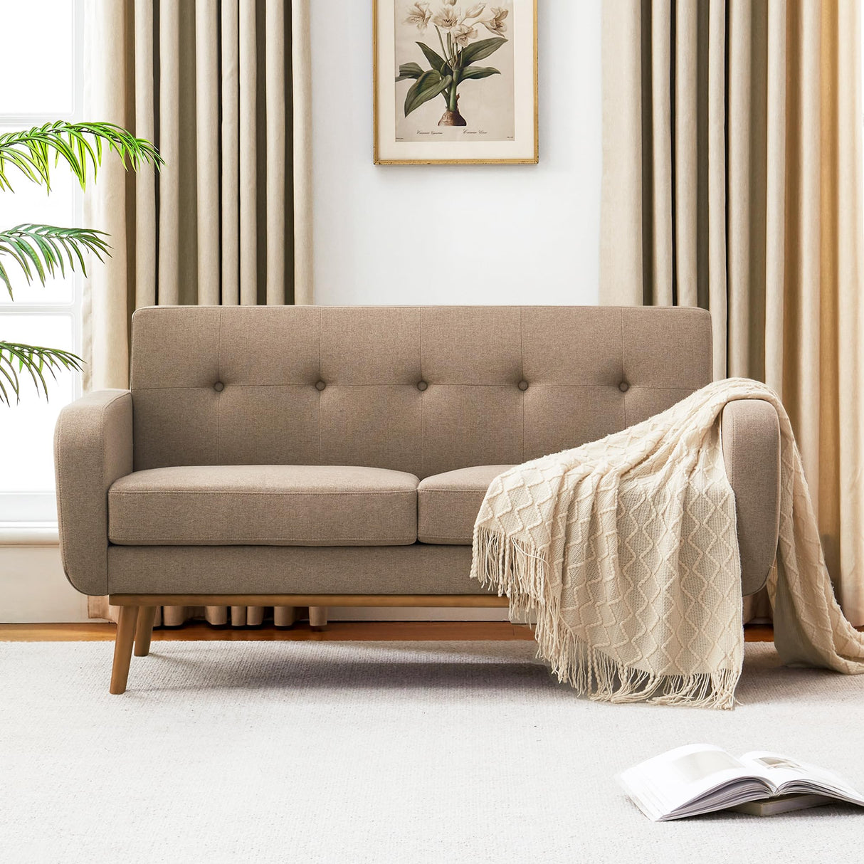 HUIMO 60'' Loveseat Sofa, Love Seat Couches for Living Room, Small Sofa with Solid Wood Frame, Button Tufted Sofa Couch for Bedroom, Office, Apartment (Brown) HUIMO