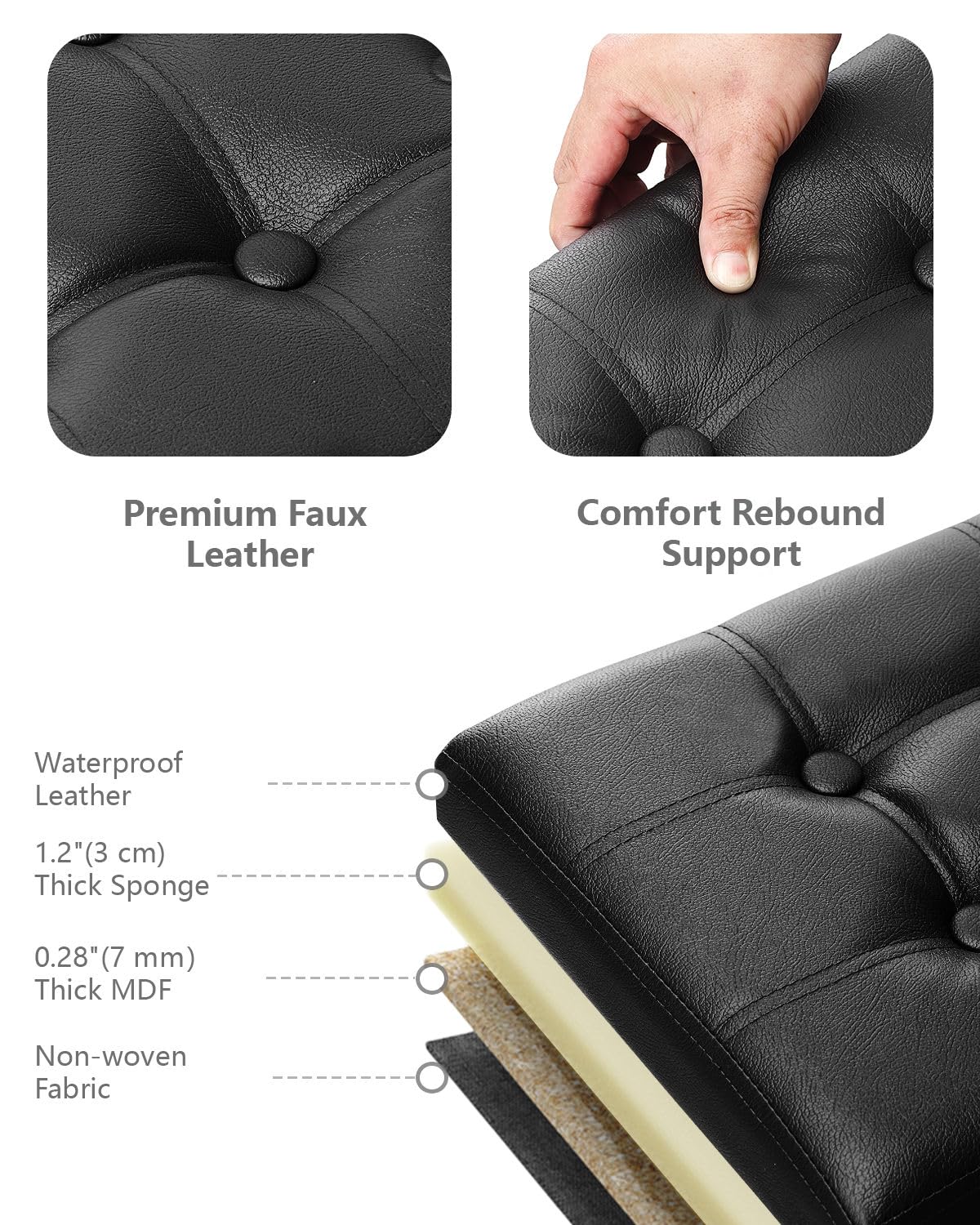 AmasSmile Footrest Ottoman Bench with Storage,34Inch Black Leather Footstool, Coffee Table, Padded Seat, Storage Chest,Blanket Store with Flipping Lid for Livingroom and Bedroom AmasSmile