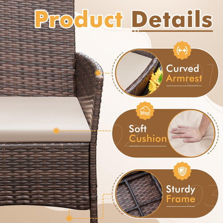 Flamaker Patio Furniture Set 3 Pieces All-Weather Rattan Outdoor Furniture Patio Chairs with Tempered Glass Table for Porch Bistro Balcony (Brown/Cream) Flamaker