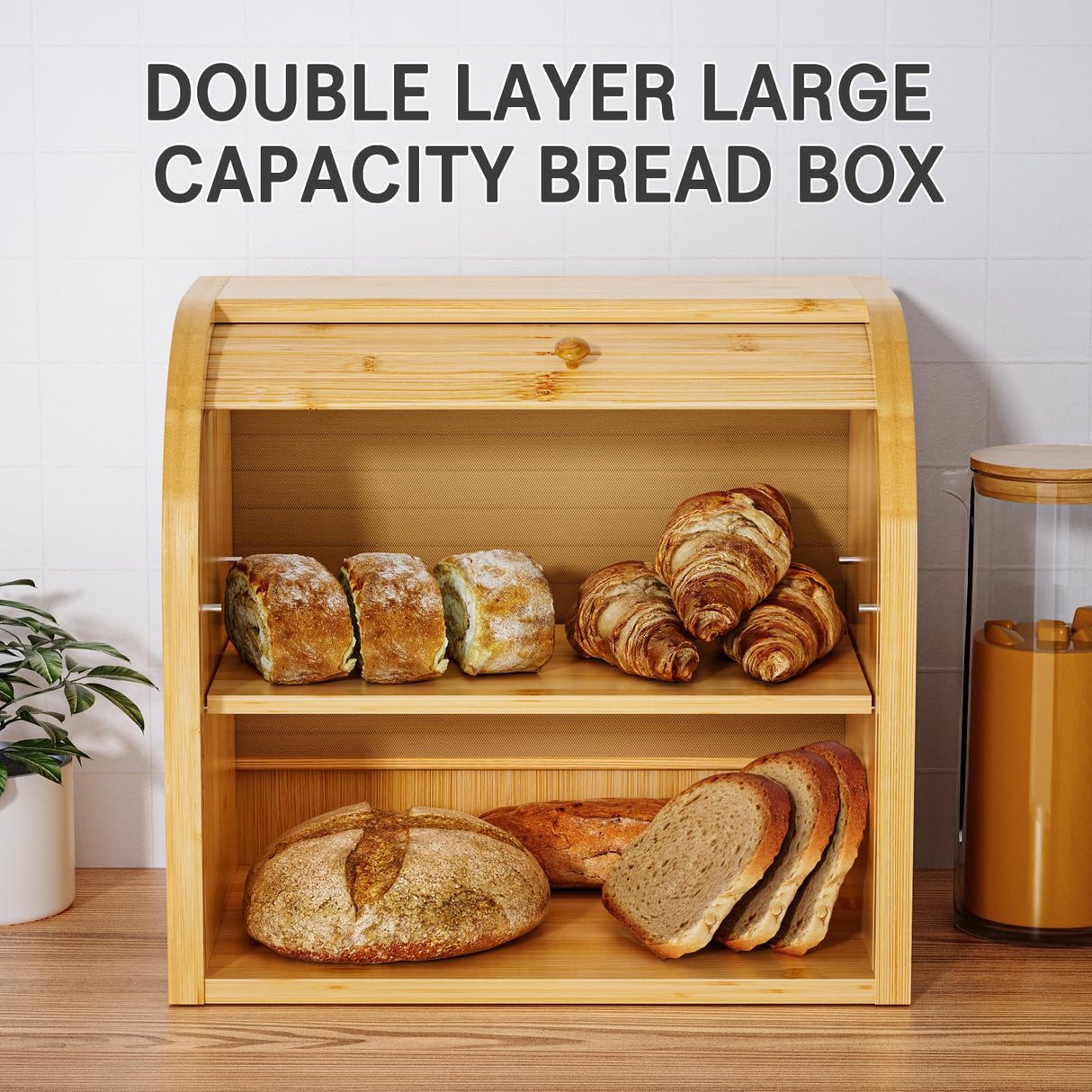 Merysen 2 Tier Bamboo Bread Box for Kitchen Countertop–Bread Storage Holder, Large Capacity Bread Storage Container, with Removable Layer for Home Storage and Display (Self-assembly) Merysen