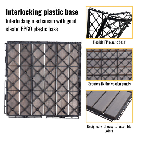 10 PCS Light Gray Acacia Wood Interlocking Deck Tiles, 12" x 12" Outdoor Striped Pattern Flooring for Patio, Balcony, Porch, Garden, Poolside Sailret