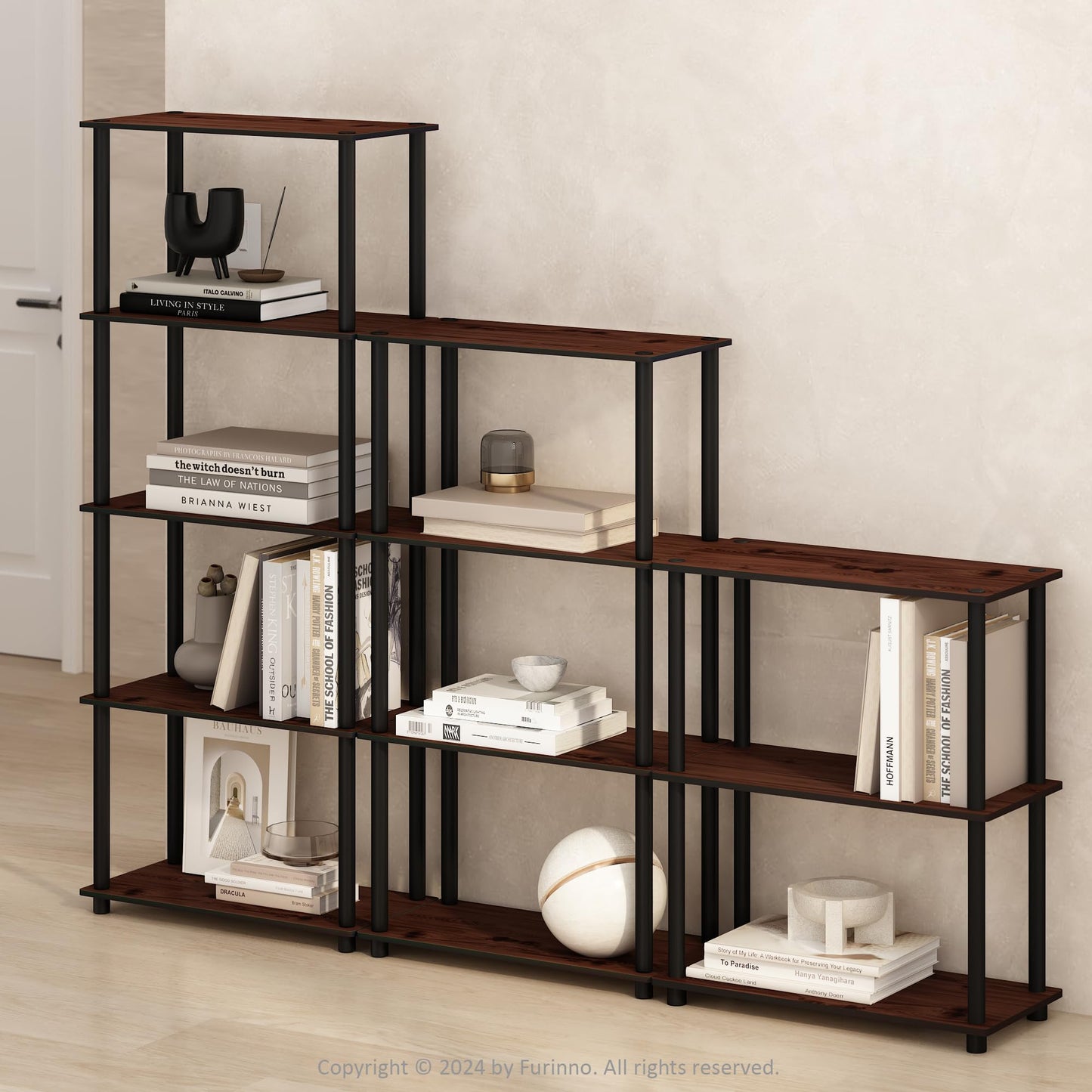 Furinno Turn-N-Tube 3-Tier Multipurpose Compact Bookcase, Dark Cherry - WoodArtSupply