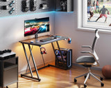 MOTPK Small Gaming Desk with LED Lights & Power Outlet, Computer Desk 31.5inch for Small Space, Cheap Gaming Table with Carbon Fiber Texture, Kids Desk Gift for Boys Men, Black MOTPK