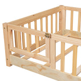 Bellemave Natural Twin Size Montessori Floor Bed with Door, Fence, and Removable Slats for Kids Bellemave