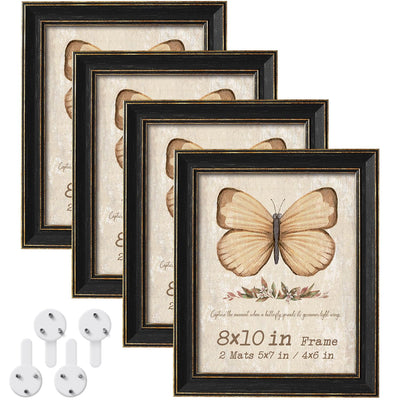 Black 8x10 Picture Frame Set of 4, Rustic Distressed Photo Frames with Mat for 5x7 or 4x6, Vintage 8 x 10 Farmhouse Frame with Tempered Glass , Wall Hanging or Tabletop Display, Home Decor, 4 Pack