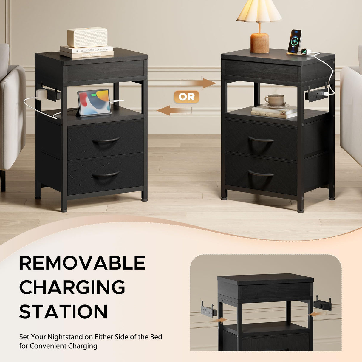 Lazzanto Nightstand Hidden Drawer Charging Table - Night Stand with Charger Station and Sliding Top Storage, Morden Bedside Table with 2 Fabric Drawers, for Dorm Living Room Bedroom, Black Lazzanto