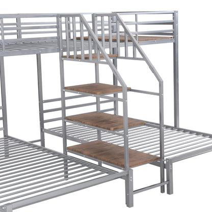 Harper & Bright Designs Metal Triple Bunk Bed with Stairs, 3 Beds Bunk Bed, Twin Over Twin & Twin Bunk Bed with Storage Shelves Staircase, for Kids Teens Adults, Silver