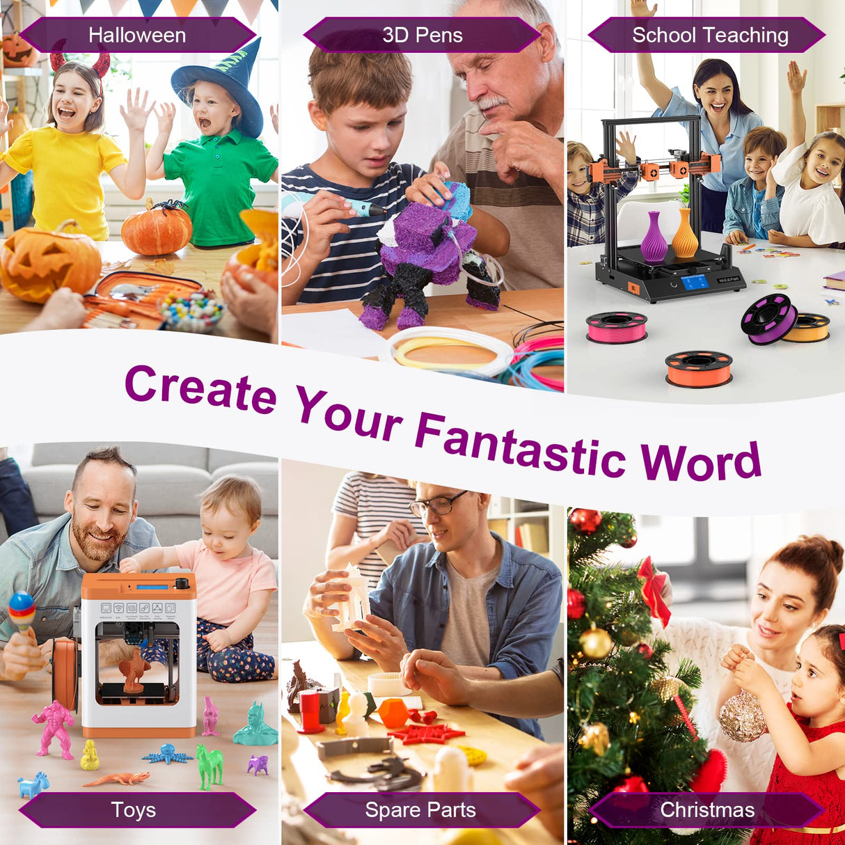 HEPHI3D 3D Printer PLA Filament Bundle 250g X 4 Spools, 1.75mm PLA Filament Pack 3D Printing Material, Bright Color Pink/Purple/Orange/Gold, PLA Filaments for Most FDM 3D Printer HEPHI3D