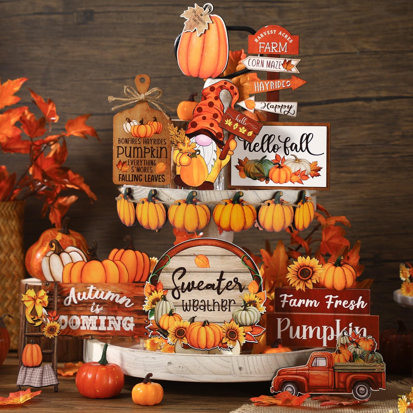 16 Pcs Fall Tiered Tray Decor Pumpkin Gnome Truck Wooden Signs Fall Table Decorations Centerpieces Farmhouse Thanksgiving Decor for Home Autumn Harvest Table Shelf Decor - WoodArtSupply