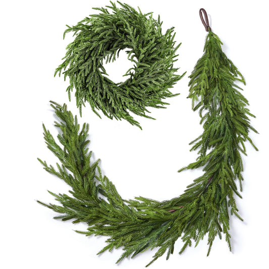 ENVEN Real Touch Norfolk Pine Christmas Garland and Wreath Set, 24IN Green Wreath and Christmas Garland Artificial Faux Greenery Norfolk Pine for Holiday Indoor Mantle Decor (6FT - 24IN)