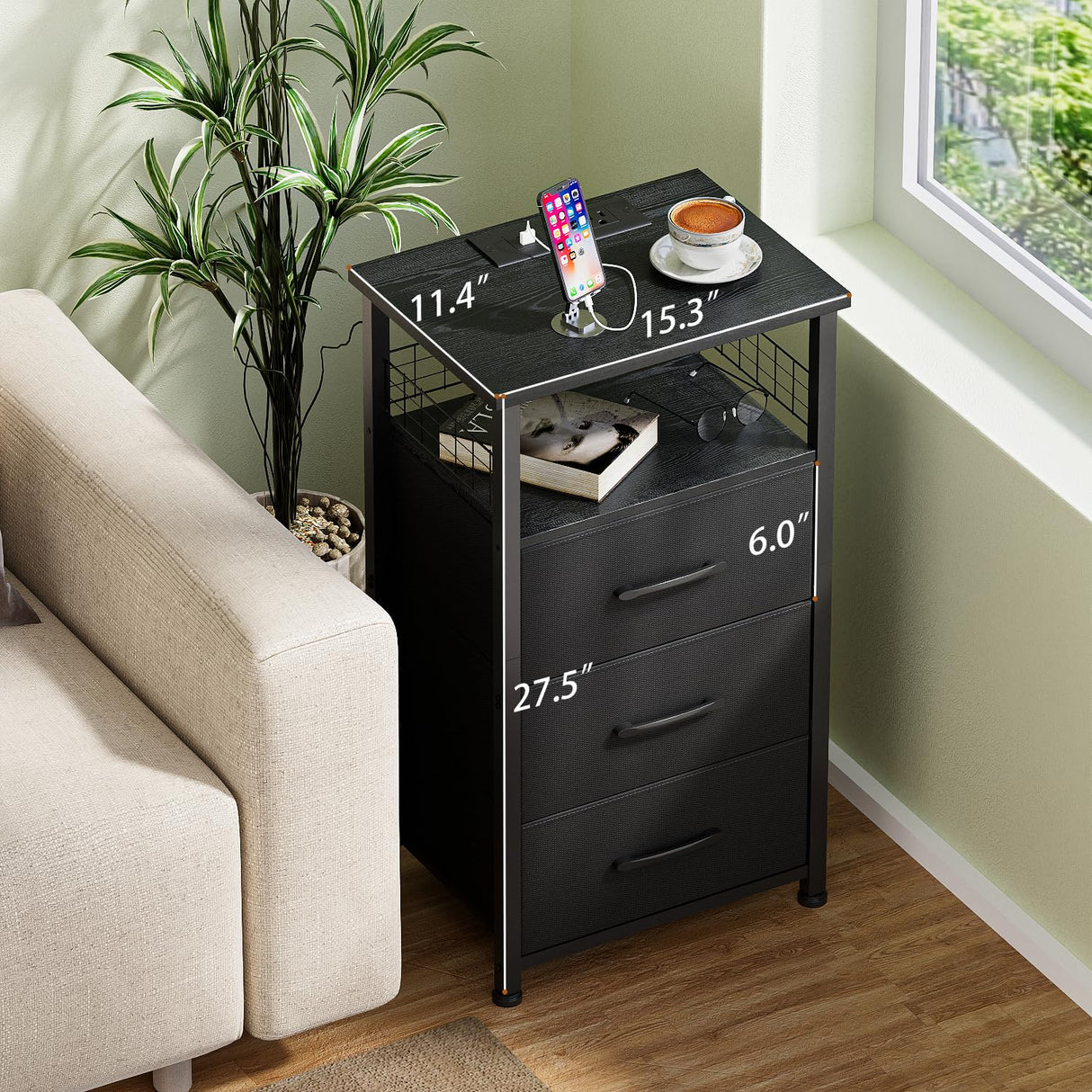 LAKEMID Night Stand Set 2 with Charging Station, End Table Set of 2 with 20 Colors LED Light Strip 3 Drawers, Side Tables Bedroom with USB Ports and Outlets for Living Room, Office (Black) LAKEMID