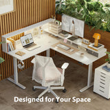 Agilestic L-Shaped Electric Standing Desk, 63x55 Inch Ergonomic Adjustable Height Desk with Storage, Stand Up Corner Desk Sit Stand Computer Table Power Outlet & LED Lights, Office Table, White Agilestic