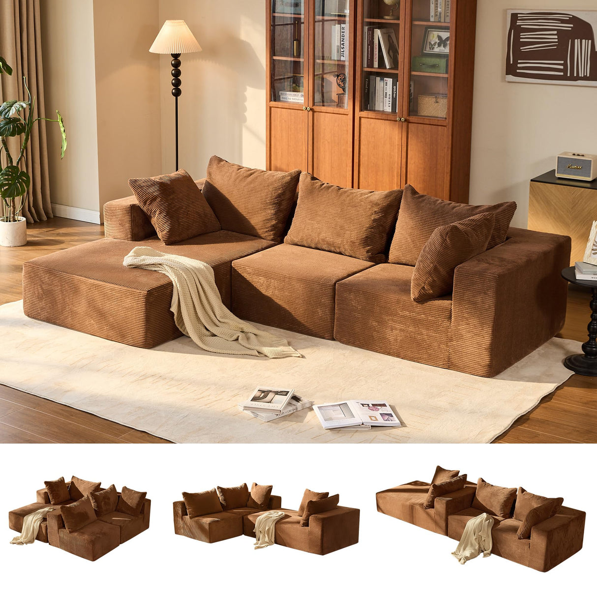 108” Modular Sectional Sofa, Boneless Cloud Couch with Oversized Chaise and Deep Seat, Comfortable High-Density Memory Foam Sectional Couches for Living Room, Bedroom, No Assembly Required (Brown) HUGROVE