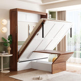 Full Size Murphy Bed with Foldable Desk Hidden Folding Wall Bed Frame Folding into Cabinet Design Wood Cabinet Platform Bed can be Folded into Desk for Small Space Bedroom Guest Room - Walnut & White MaiDeHaoo