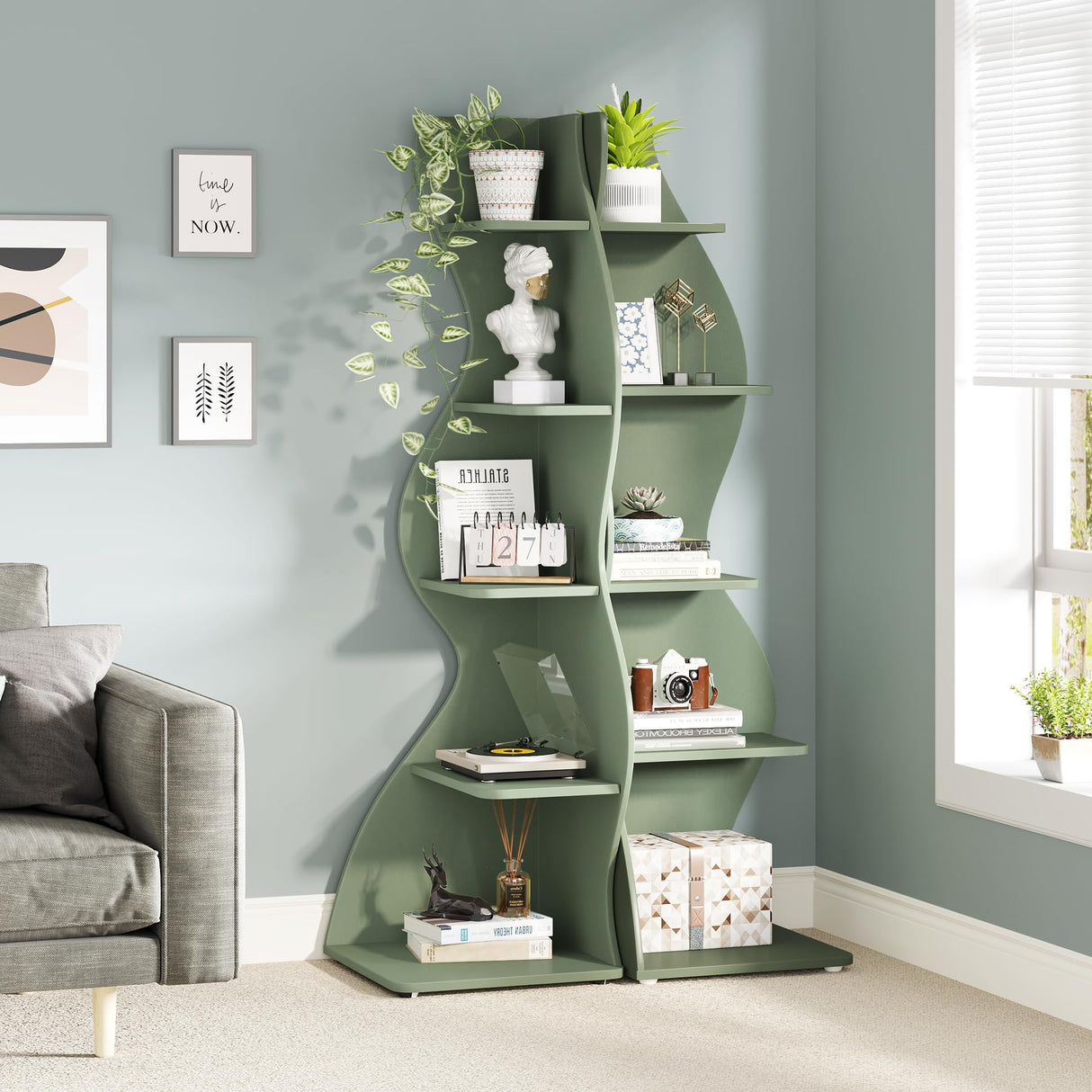 Tribesigns Corner Shelf, Modern 5-Tier Wall Corner Bookshelf, Stylish Corner Small Bookcase Storage Rack Plant Stand with Unique Shape for Living Room, Home Office (Sage Green, 1PC) Tribesigns