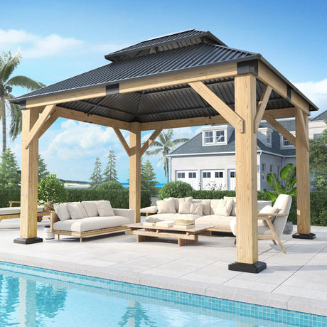 GARTOO 10’x 12’ Outdoor Wood Gazebo - Patio Hardtop Gazebo Permanent Wooden Pavilion with Galvanized Steel Double Roof, Cedar Wooden Gazebos for Garden, Lawn, Poolside, Backyard Deck GARTOO