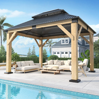 GARTOO 10’x 12’ Outdoor Wood Gazebo - Patio Hardtop Gazebo Permanent Wooden Pavilion with Galvanized Steel Double Roof, Cedar Wooden Gazebos for Garden, Lawn, Poolside, Backyard Deck
