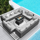 RADIATA PE Wicker Patio Furniture Set Sectional High Back Large Size Sofa Sets with Propane Fire Pit Table 55000 BTU Balcony Rattan Lounge Conversation Sets for Outdoor (13 Pieces,Light Gray) RADIATA