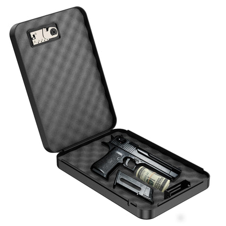 Portable Gun Safe for Pistol Small Handgun Lock Box with Combination Lock, Pistol Safe for Car, Home, Travel, 9.4" x6.6" x1.8",Black MJ Storafe