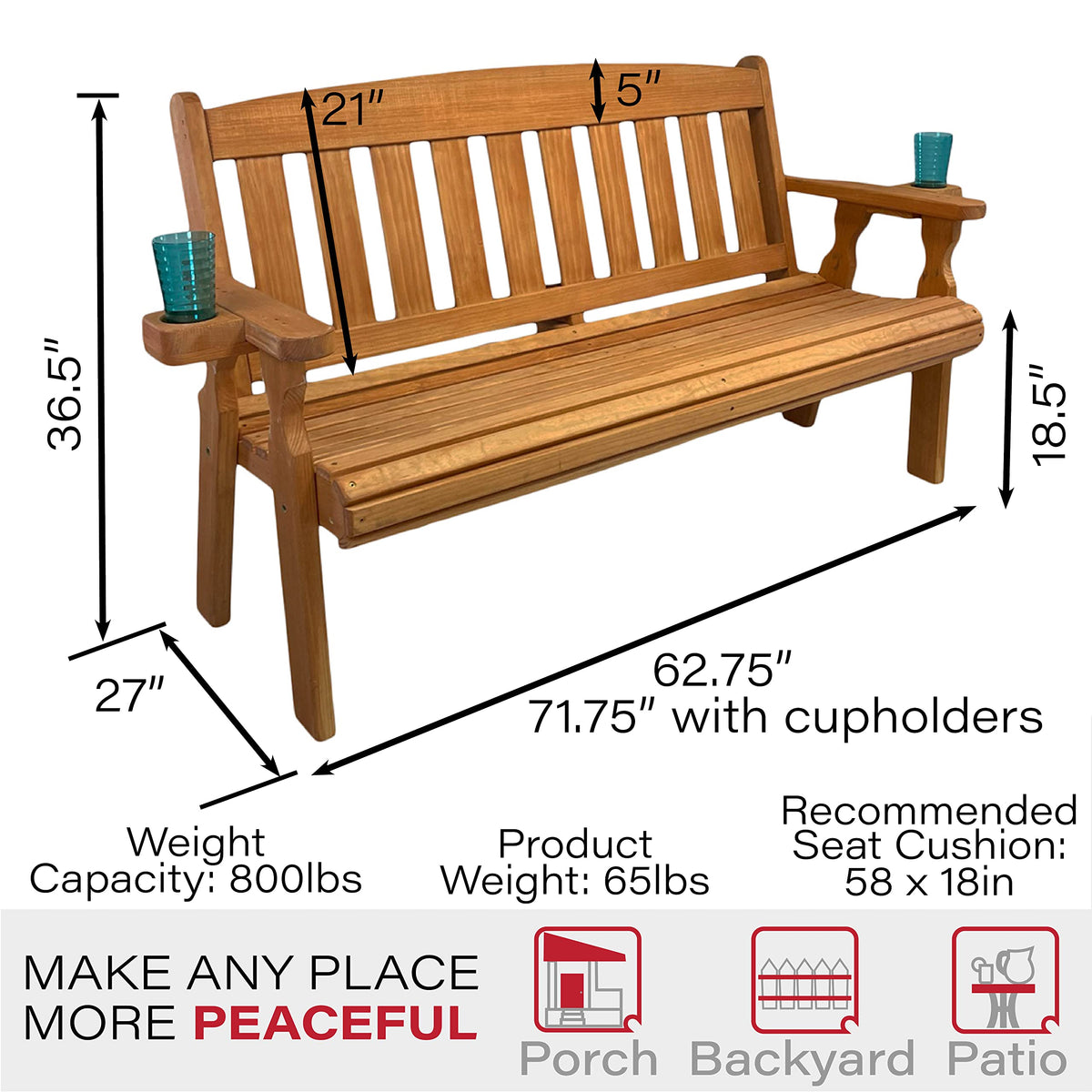 Amish Casual Heavy Duty 800 Lb Mission Pressure Treated Garden Bench with Cupholders (5 Foot, Cedar Stain) Amish Casual