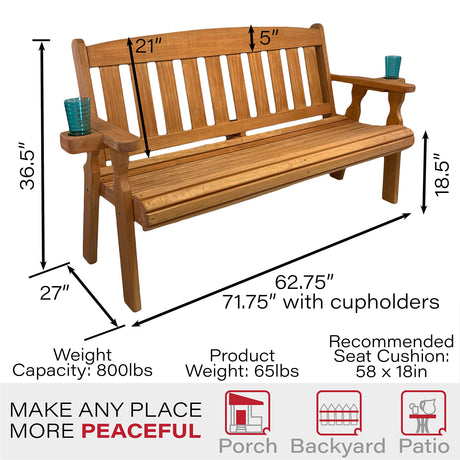 Amish Casual Heavy Duty 800 Lb Mission Pressure Treated Garden Bench with Cupholders (5 Foot, Cedar Stain) Amish Casual