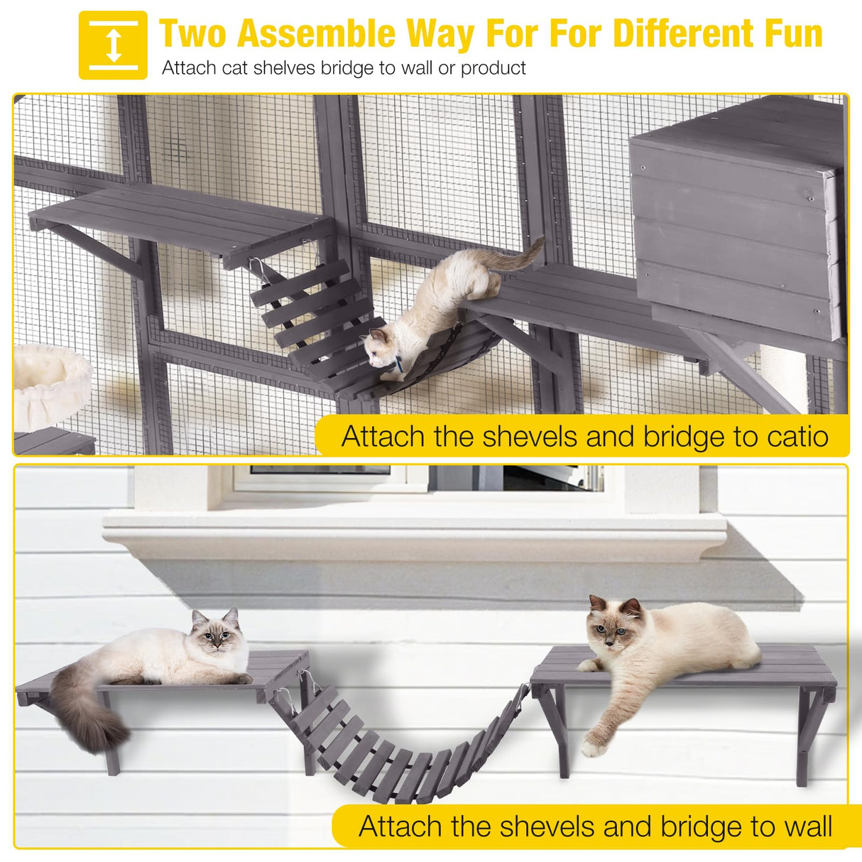 Aivituvin Catio Outdoor Cat Enclosure Window Box Wall Mounted Wooden Cat House Playground with Scratching Posts, Baskets, Resting House, Shelves and Bridge for Multiple Kitties,104" x 34" x 69.5" Aivituvin